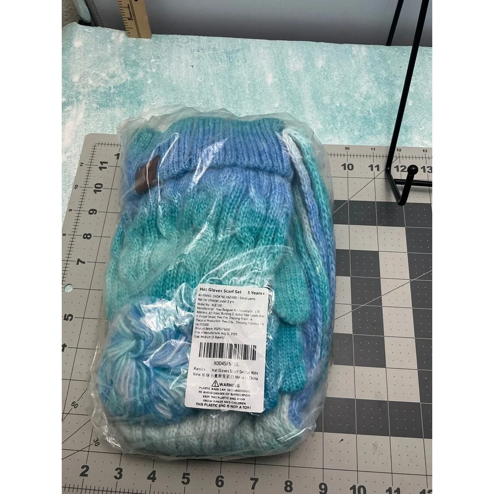 Remifa Kids Winter Hat Scarf Gloves Set Blue Teal Ombre Beanie WJEX001 M 3-8Y